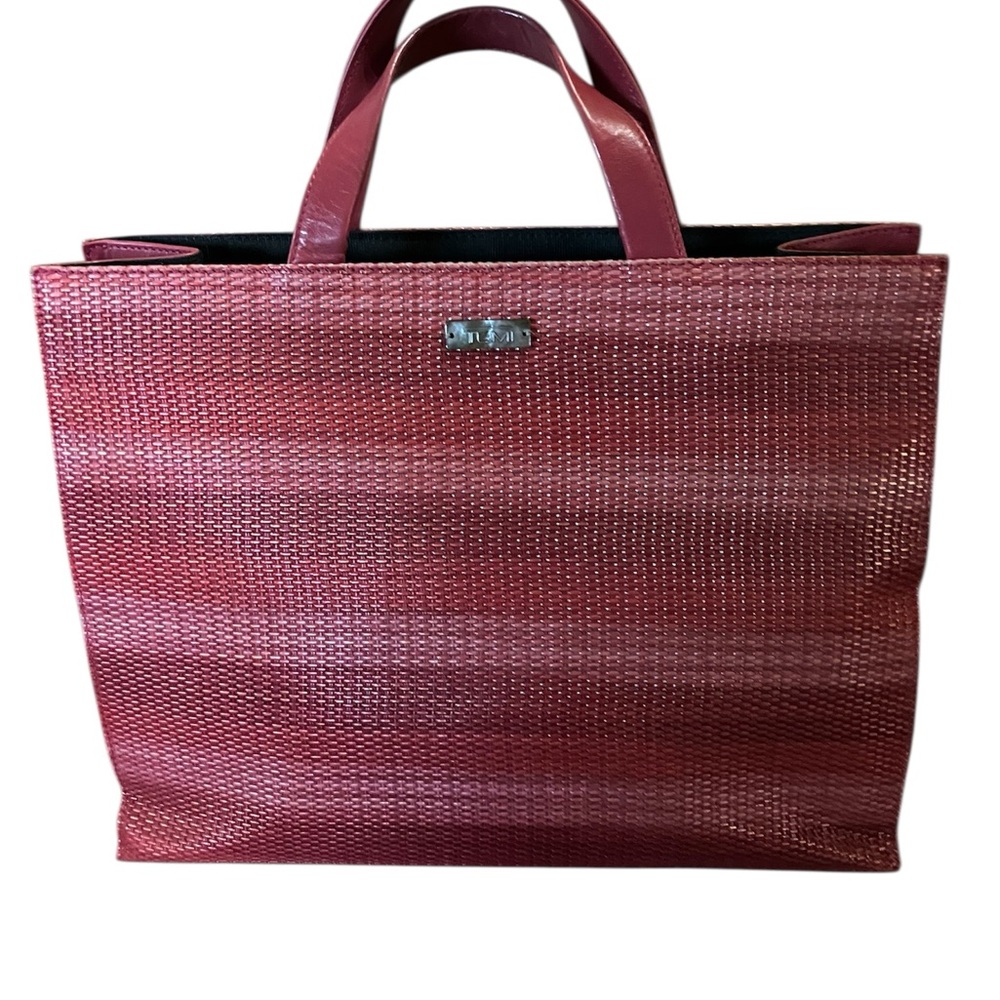 TUMI leather/ Wicker Woven Red Tote Bag